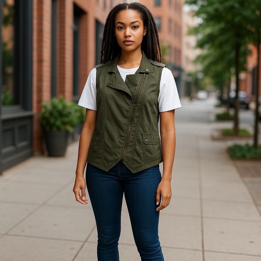 Mossimo Olive Green Asymmetric Zip Sleeveless Collar Moto Rider Vest Size M